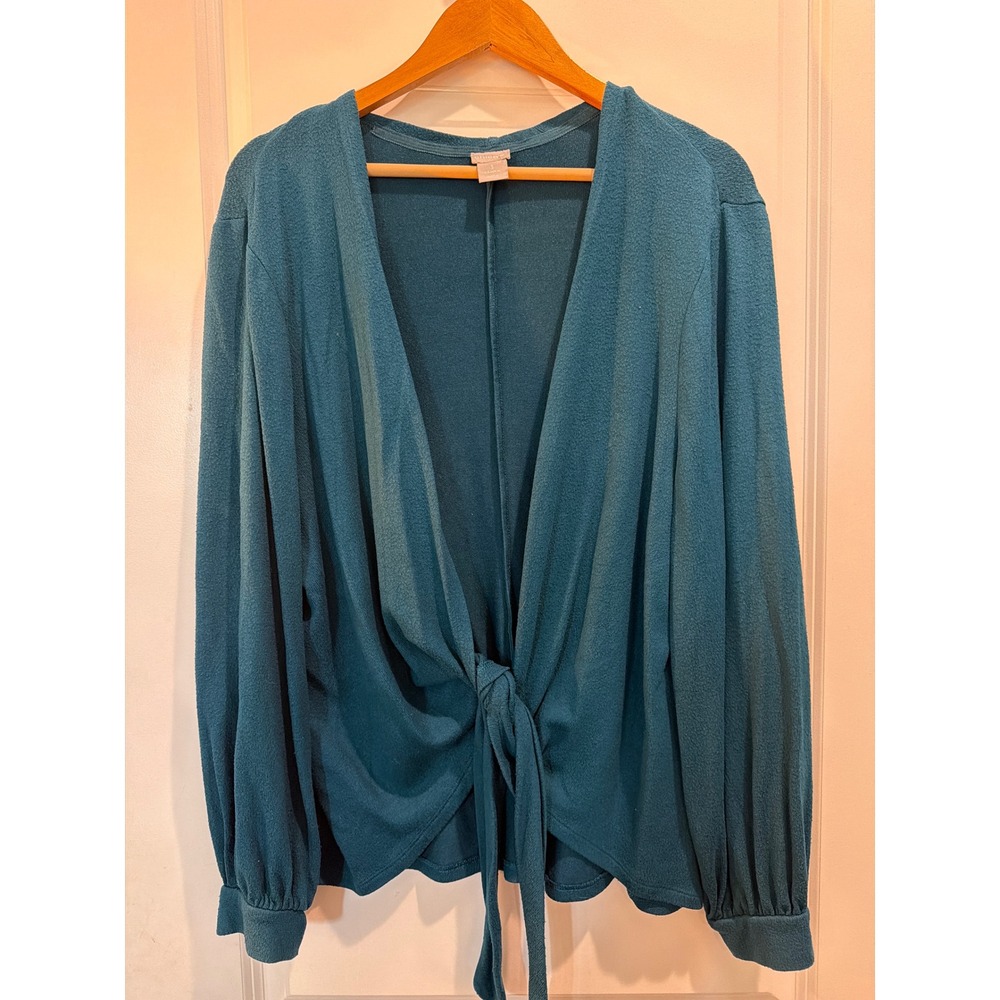 Chicos Tie Front Cardigan Sweater Teal Blue Soft Knit Size 3 XL Long Sleeve
